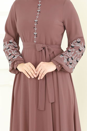 moda selvim Nakış İşlemeli Şifon Elbise 8022AB368 Pudra Vizyon - Thumbnail