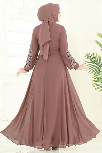 moda selvim Nakış İşlemeli Şifon Elbise 8022AB368 Pudra Vizyon - Thumbnail