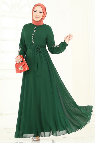 moda selvim Nakış İşlemeli Şifon Elbise 8022AB368 Zümrüt - Thumbnail