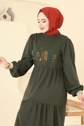 moda selvim Nakış İşlemeli Tesettür Elbise 23010UKB139 Haki - Thumbnail