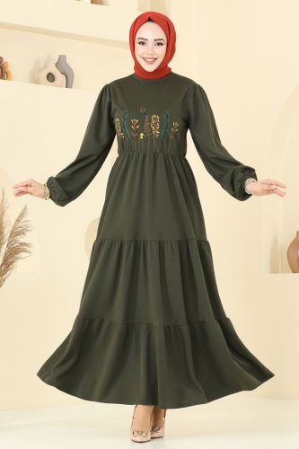 moda selvim Nakış İşlemeli Tesettür Elbise 23010UKB139 Haki - Thumbnail