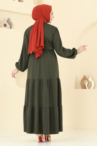 moda selvim Nakış İşlemeli Tesettür Elbise 23010UKB139 Haki - Thumbnail