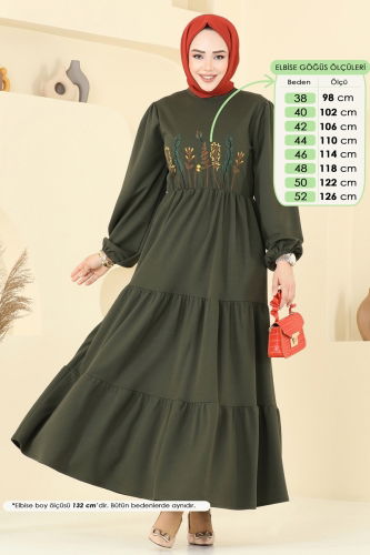 moda selvim Nakış İşlemeli Tesettür Elbise 23010UKB139 Haki - Thumbnail