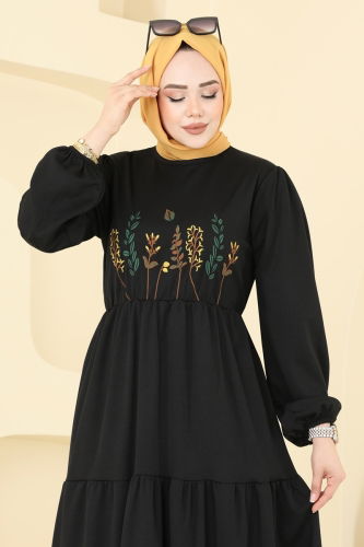 moda selvim Nakış İşlemeli Tesettür Elbise 23010UKB139 Siyah - Thumbnail