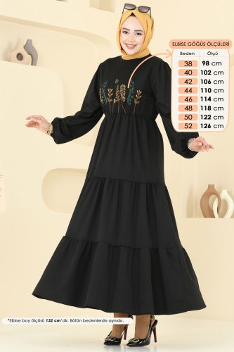 moda selvim Nakış İşlemeli Tesettür Elbise 23010UKB139 Siyah - Thumbnail