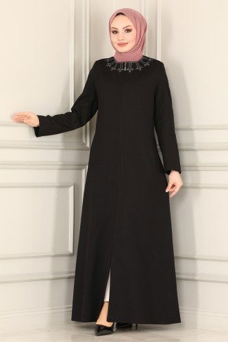 moda selvim Nakış İşlemeli Tesettür Ferace 3104PD194 Siyah - Thumbnail