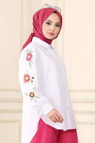 moda selvim Nakış İşlemeli Tesettür Gömlek 1516NWS779 Ekru - Thumbnail