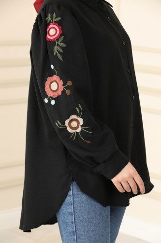 moda selvim Nakış İşlemeli Tesettür Gömlek 1516NWS779 Siyah - Thumbnail