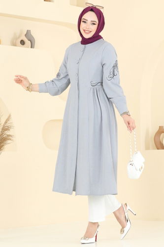 moda selvim Nakış İşlemeli Tesettür Kap 2645SL432 Gri - Thumbnail