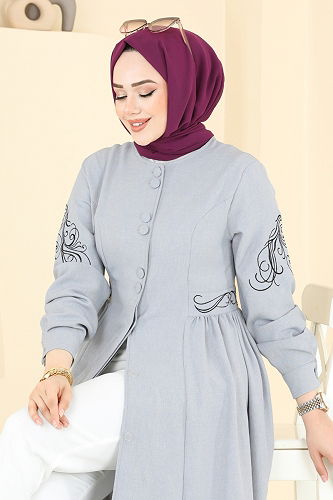 moda selvim Nakış İşlemeli Tesettür Kap 2645SL432 Gri - Thumbnail