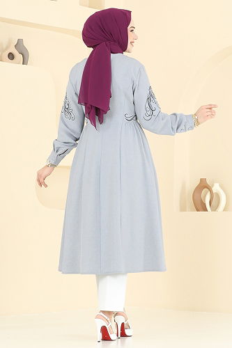moda selvim Nakış İşlemeli Tesettür Kap 2645SL432 Gri - Thumbnail
