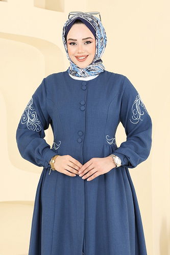 moda selvim Nakış İşlemeli Tesettür Kap 2645SL432 İndigo - Thumbnail
