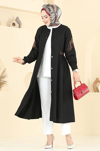 moda selvim Nakış İşlemeli Tesettür Kap 2645SL432 Siyah - Thumbnail