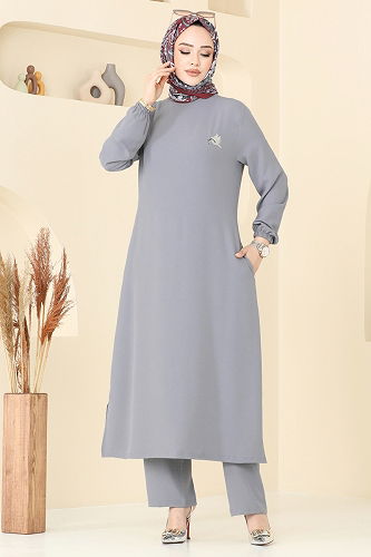 moda selvim Nakış İşlemeli Tesettür Takım PL9143 Gri - Thumbnail