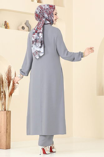 moda selvim Nakış İşlemeli Tesettür Takım PL9143 Gri - Thumbnail
