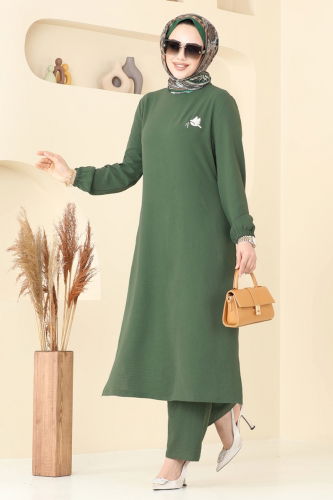 moda selvim Nakış İşlemeli Tesettür Takım PL9143 Haki - Thumbnail