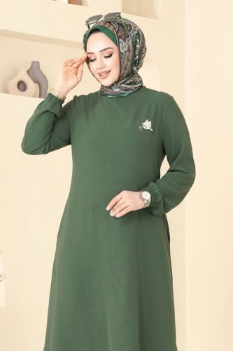 moda selvim Nakış İşlemeli Tesettür Takım PL9143 Haki - Thumbnail