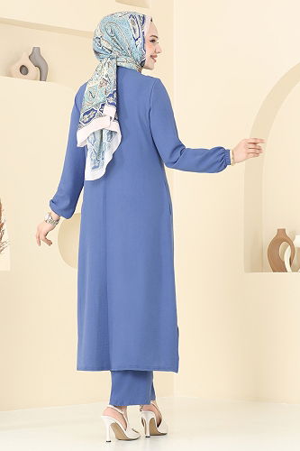 moda selvim Nakış İşlemeli Tesettür Takım PL9143 İndigo - Thumbnail