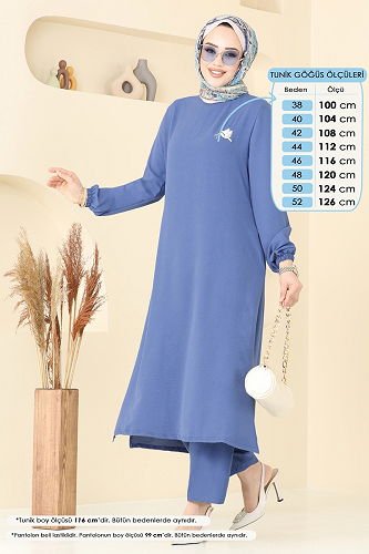 moda selvim Nakış İşlemeli Tesettür Takım PL9143 İndigo - Thumbnail