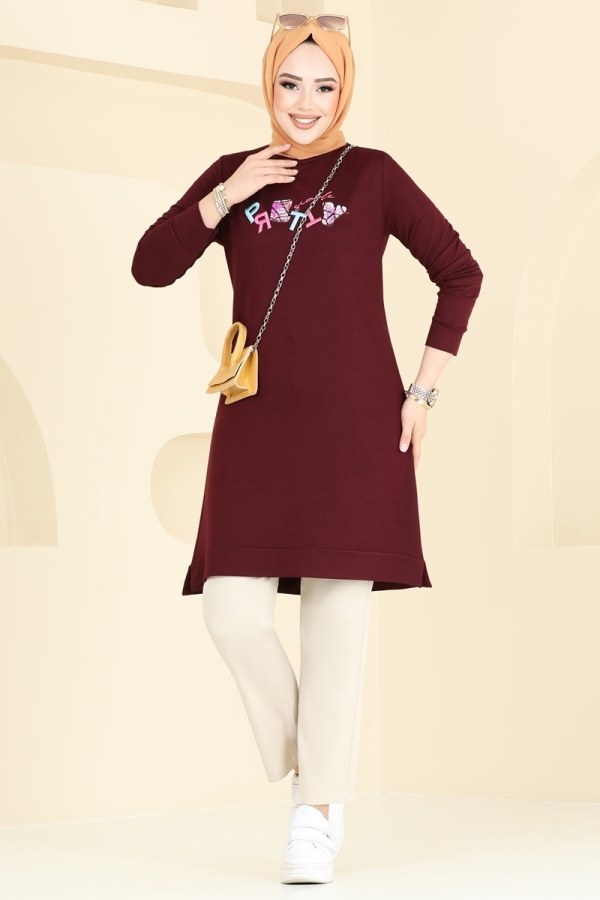 Modaselvim Tunik Nakış İşlemeli Tesettür Tunik 2690AYD574 Bordo