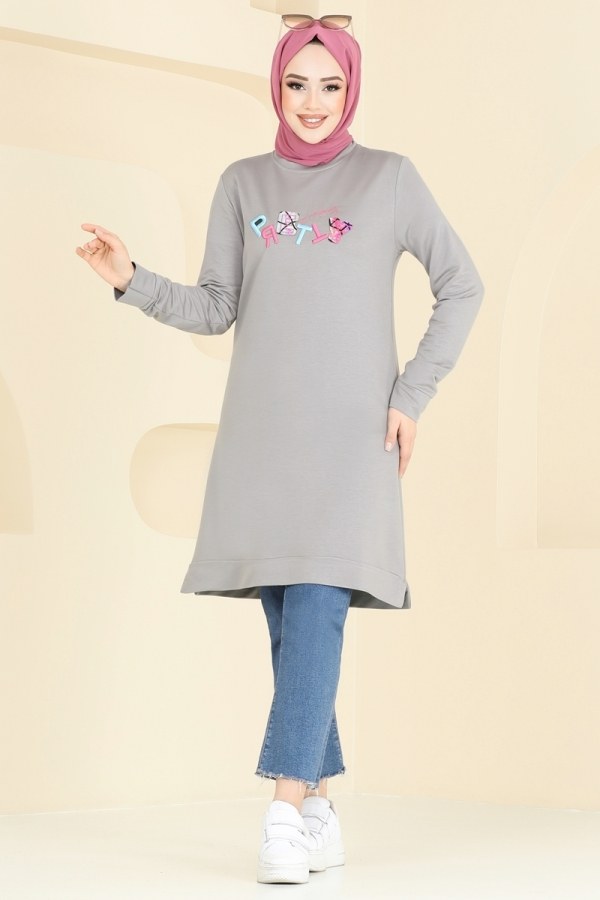 Modaselvim Tunik Nakış İşlemeli Tesettür Tunik 2690AYD574 Gri