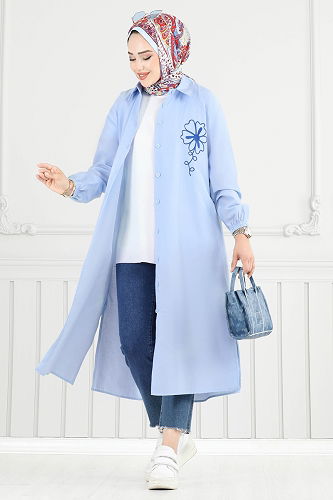 moda selvim Nakış İşlemeli Tesettür Tunik 4095PM271 Bebe Mavisi - Thumbnail