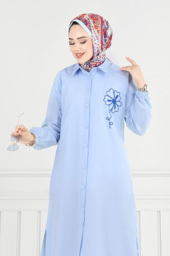 moda selvim Nakış İşlemeli Tesettür Tunik 4095PM271 Bebe Mavisi - Thumbnail