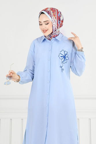 moda selvim Nakış İşlemeli Tesettür Tunik 4095PM271 Bebe Mavisi - Thumbnail