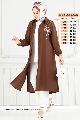 moda selvim Nakış İşlemeli Tesettür Tunik 4095PM271 Kahve - Thumbnail