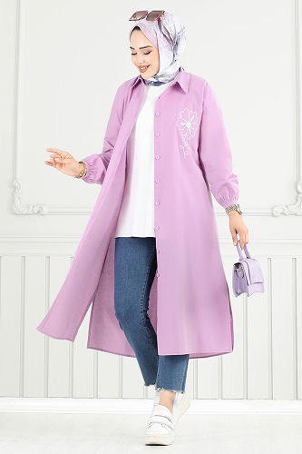 moda selvim Nakış İşlemeli Tesettür Tunik 4095PM271 Lila - Thumbnail