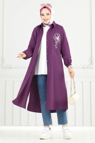 moda selvim Nakış İşlemeli Tesettür Tunik 4095PM271 Mor - Thumbnail