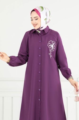 moda selvim Nakış İşlemeli Tesettür Tunik 4095PM271 Mor - Thumbnail