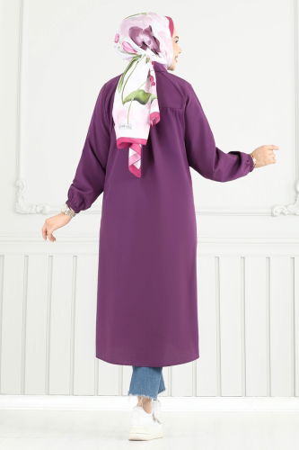 moda selvim Nakış İşlemeli Tesettür Tunik 4095PM271 Mor - Thumbnail