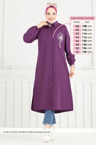 moda selvim Nakış İşlemeli Tesettür Tunik 4095PM271 Mor - Thumbnail