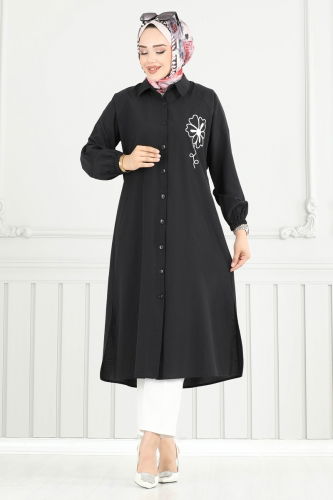 P.R.M. - Nakış İşlemeli Tesettür Tunik 4095PM271 Siyah