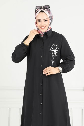 moda selvim Nakış İşlemeli Tesettür Tunik 4095PM271 Siyah - Thumbnail
