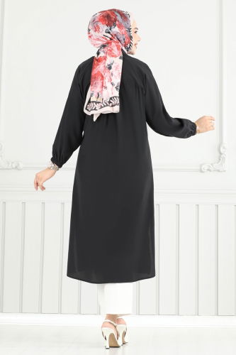 moda selvim Nakış İşlemeli Tesettür Tunik 4095PM271 Siyah - Thumbnail