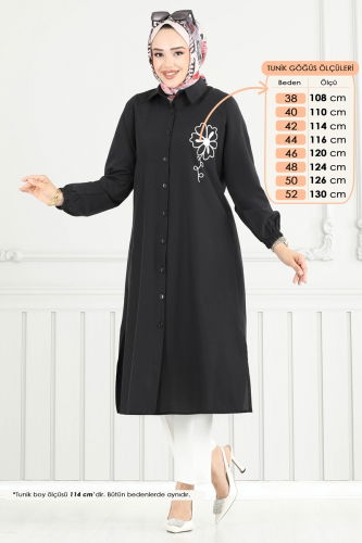 moda selvim Nakış İşlemeli Tesettür Tunik 4095PM271 Siyah - Thumbnail