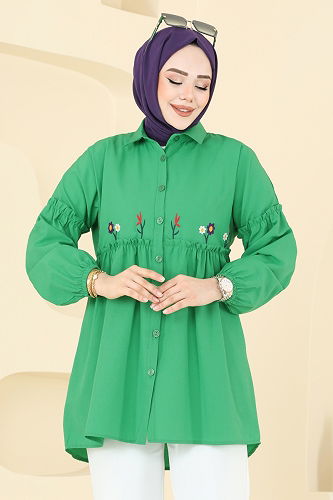 moda selvim Nakış İşlemeli Tunik 4060ASN888 Benetton Yeşili - Thumbnail