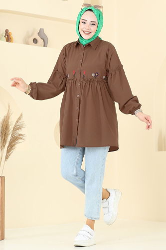 moda selvim Nakış İşlemeli Tunik 4060ASN888 Kahve - Thumbnail