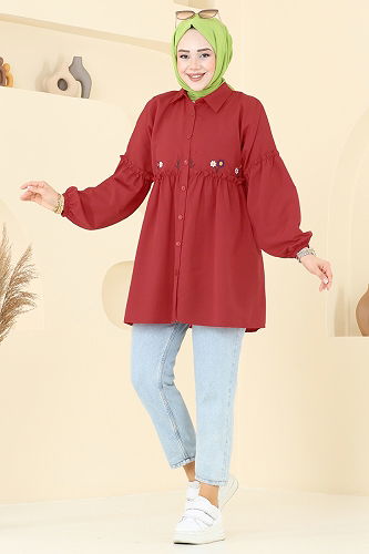 moda selvim Nakış İşlemeli Tunik 4060ASN888 Kırmızı - Thumbnail