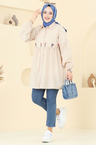 moda selvim Nakış İşlemeli Tunik 4060ASN888 Taş - Thumbnail