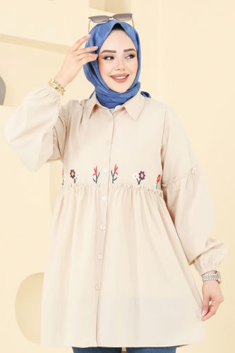moda selvim Nakış İşlemeli Tunik 4060ASN888 Taş - Thumbnail