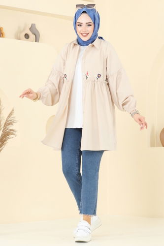 moda selvim Nakış İşlemeli Tunik 4060ASN888 Taş - Thumbnail