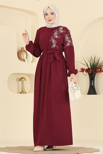 moda selvim Nakışlı İthal Krep Elbise 550ASN888 Bordo - Thumbnail