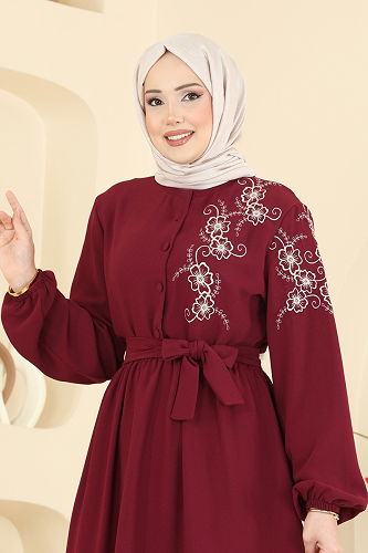 moda selvim Nakışlı İthal Krep Elbise 550ASN888 Bordo - Thumbnail