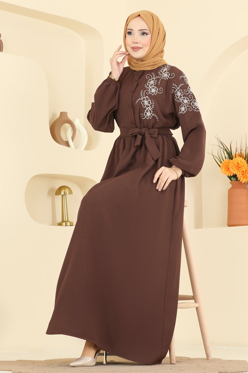 Nakışlı İthal Krep Elbise 550ASN888 Kahve