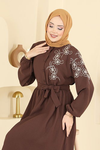 moda selvim Nakışlı İthal Krep Elbise 550ASN888 Kahve - Thumbnail