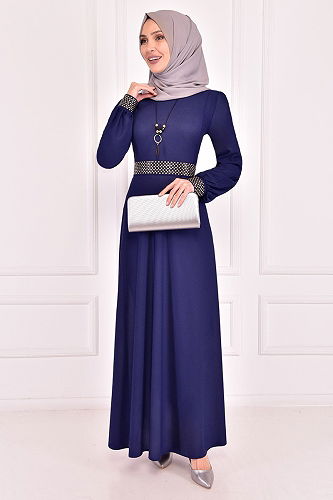 moda selvim الفستانASM2435-M إنديغو - Thumbnail