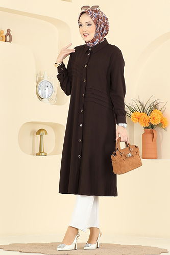 moda selvim Nervür Desenli Belmando Tunik 2011BG354 Kahve - Thumbnail